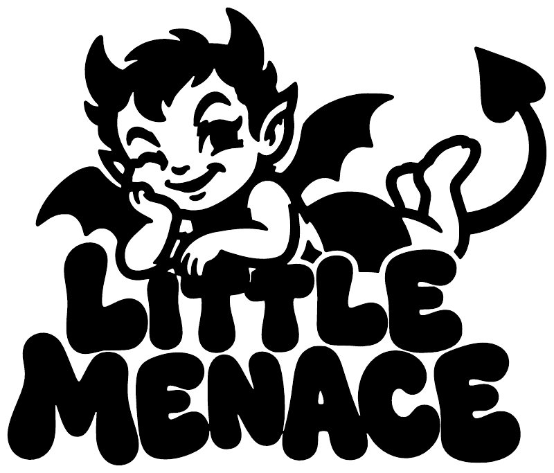 Black demon boy vinyl decal with big LITTLE MENACE lettering
