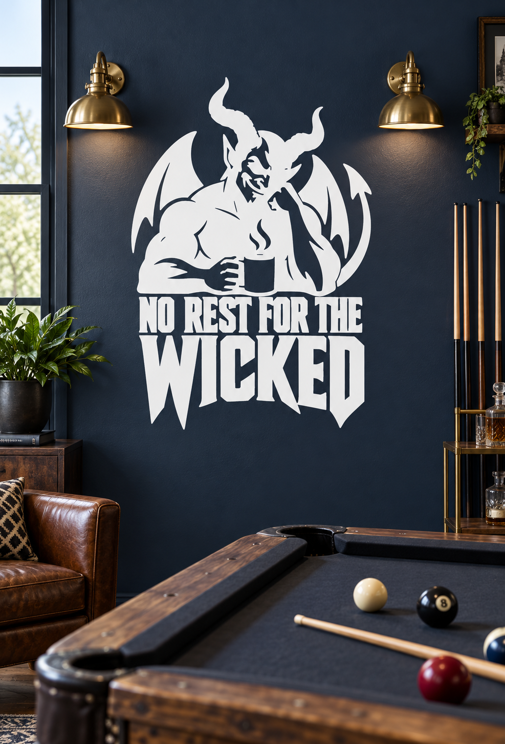 Demon vinyl decal with horns, flames, and 'No Rest for the Wicked' text