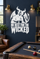 Demon vinyl decal with horns, flames, and 'No Rest for the Wicked' text