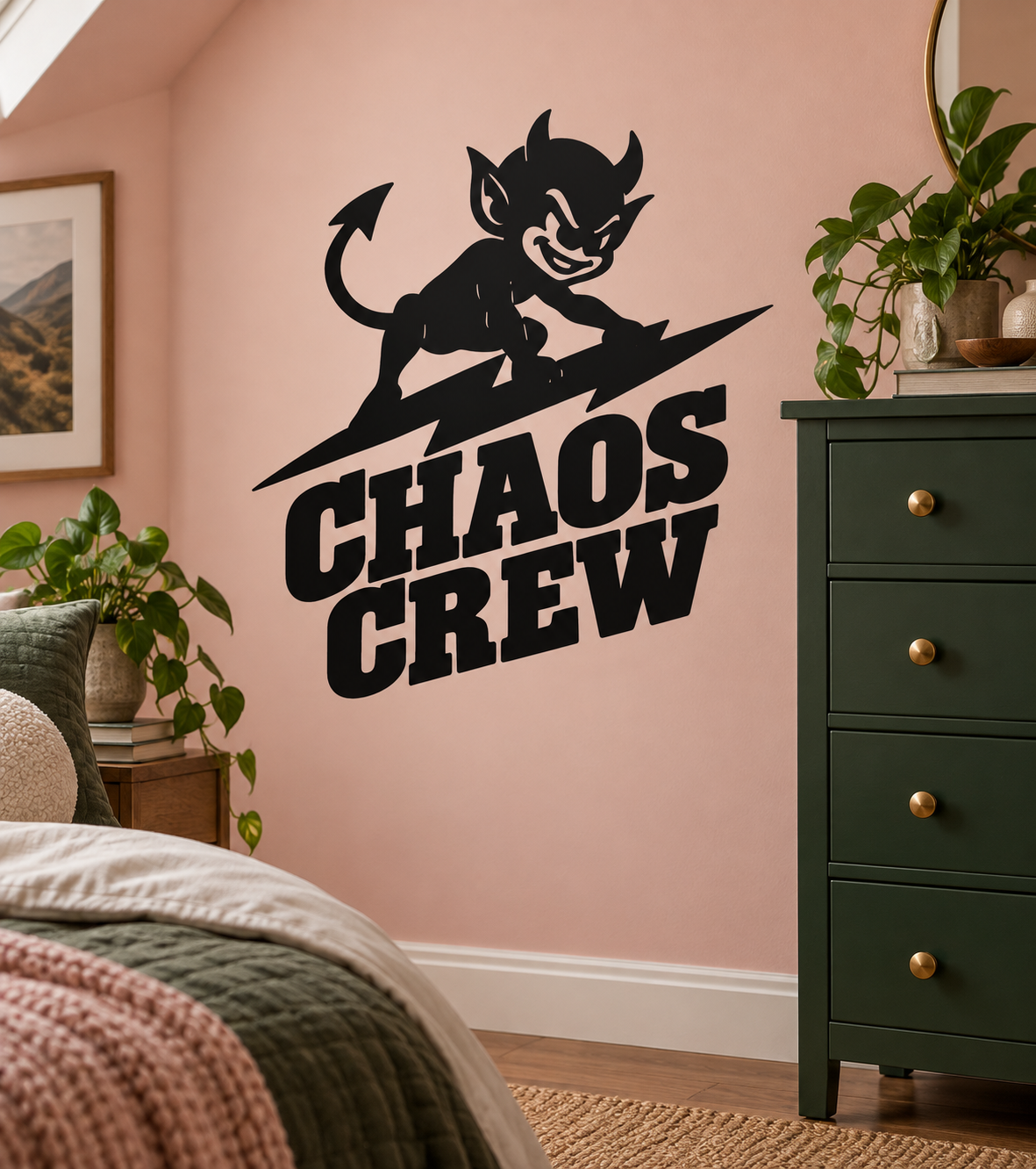 Chaos Crew vinyl decal with black demon on lightning and 'CHAOS CREW' lettering