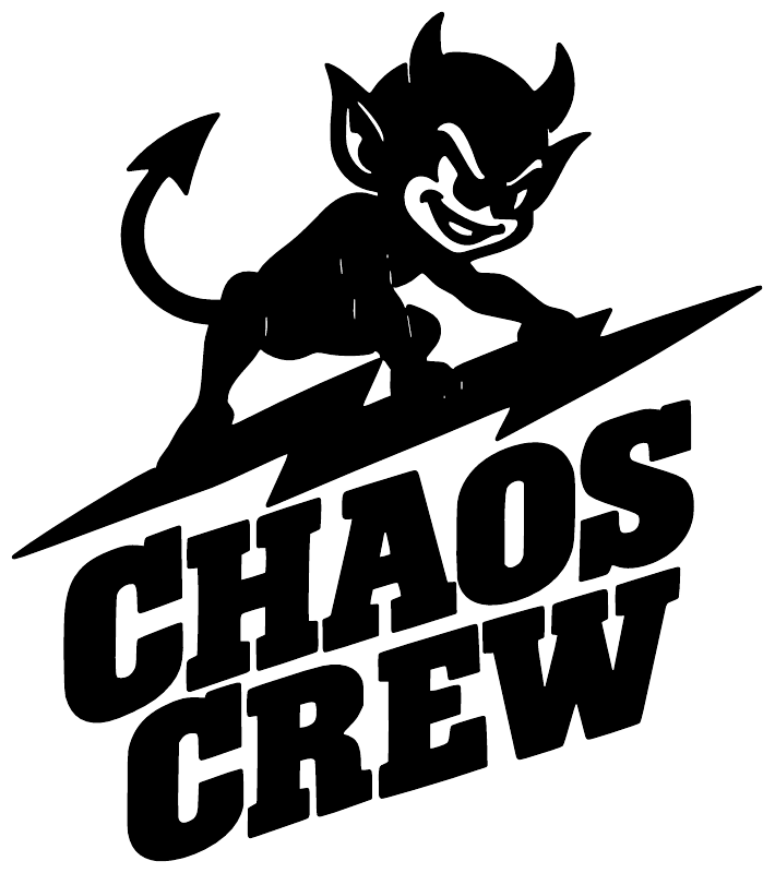 Close-up vinyl decal: black demon on lightning with 'CHAOS CREW' lettering