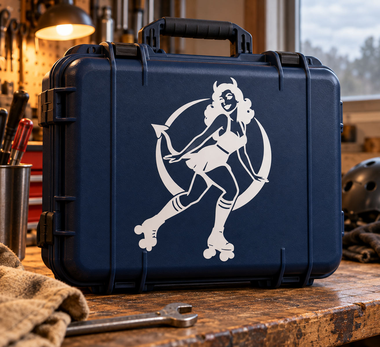 Roller skater devil girl vinyl decal, white silhouette on dark background