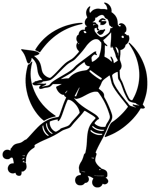 Roller skater devil girl vinyl decal, black silhouette on white