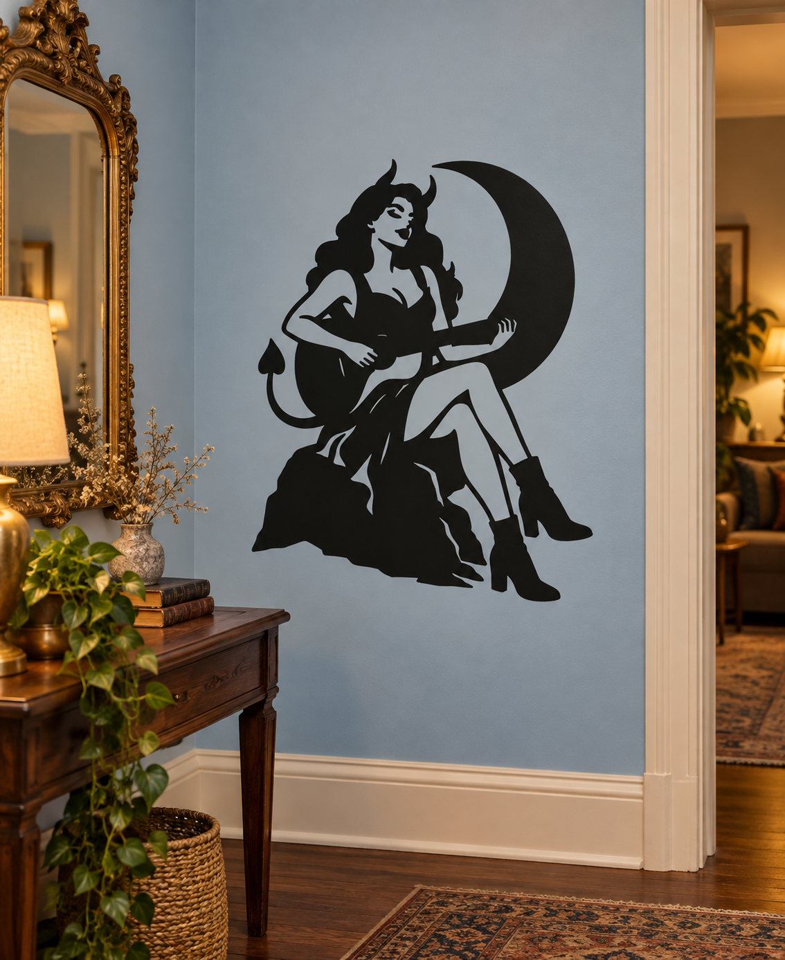 Vinyl wall decal of black moonlit girl guitarist with crescent moon