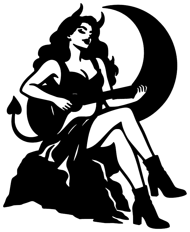 Vinyl decal silhouette of devil girl playing guitar under crescent moon