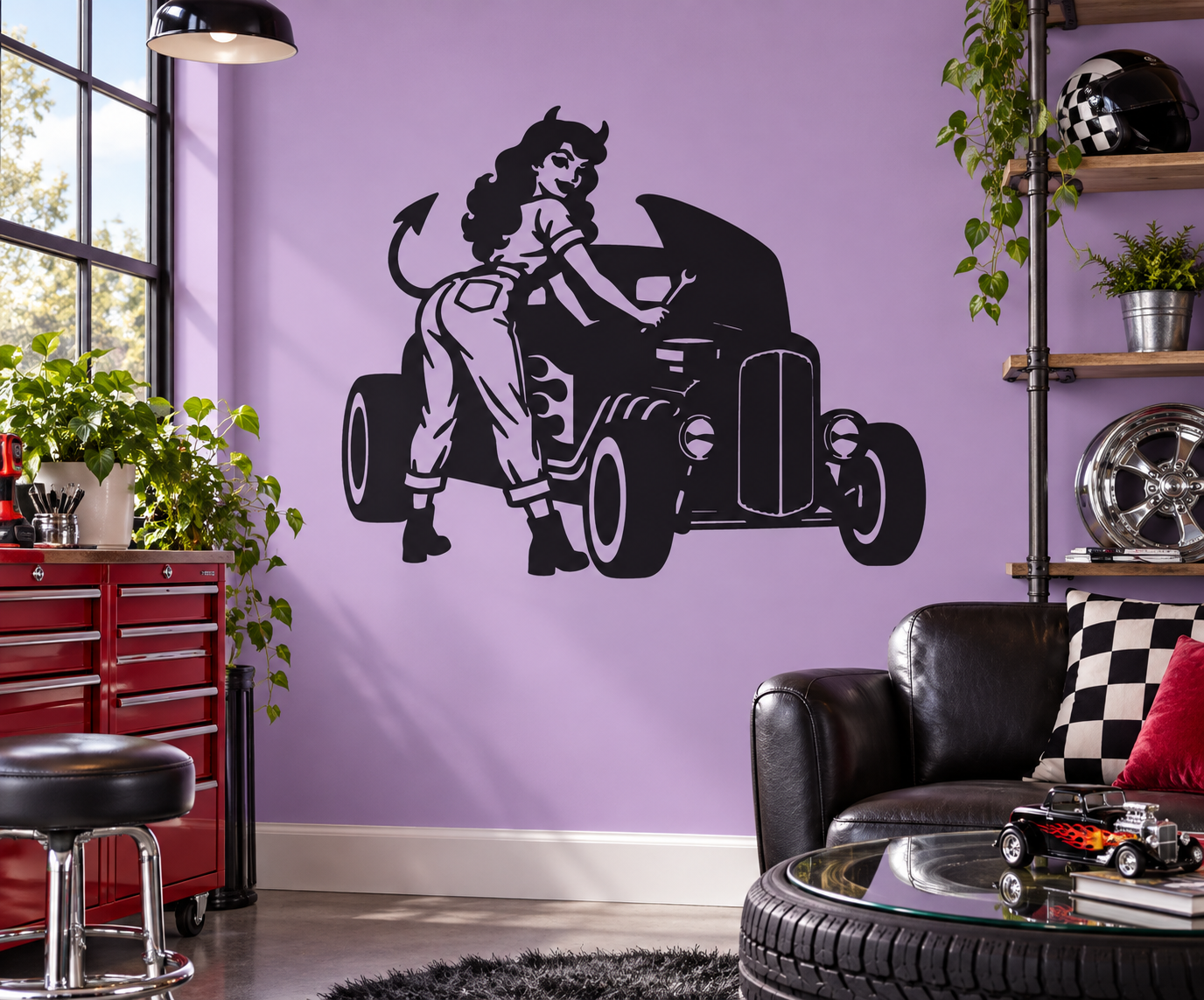 Hot rod mechanic vinyl decal of devil-girl mechanic with horns beside black hot rod