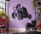 Hot rod mechanic vinyl decal of devil-girl mechanic with horns beside black hot rod