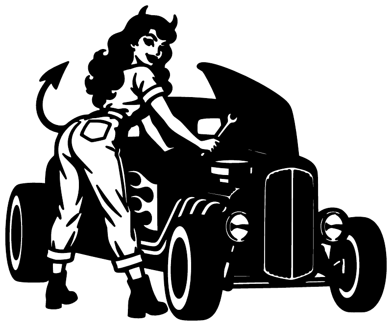 Hot rod mechanic vinyl decal: black devil-girl mechanic on hot rod car, bold silhouette