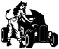 Hot rod mechanic vinyl decal: black devil-girl mechanic on hot rod car, bold silhouette