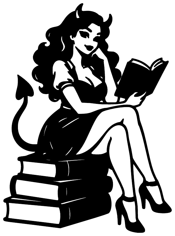 Black vinyl decal of a cute devil girl reading an open book