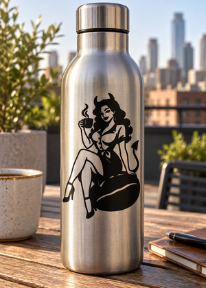Pinup vinyl decal featuring a black devil-girl holding a mug with flame and horns silhouette