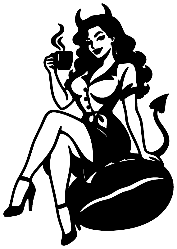 Pinup devil-girl vinyl decal silhouette holding a steaming cup with curled flames and horns