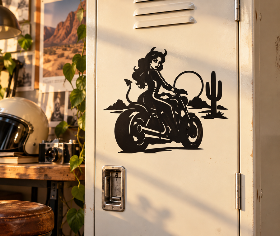DevilGirlCX006 biker vinyl decal: devil girl on motorcycle with cactus