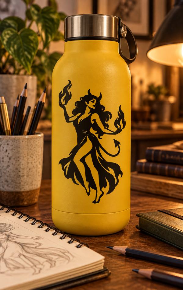 Yellow water bottle with black flame dancer vinyl decal on front