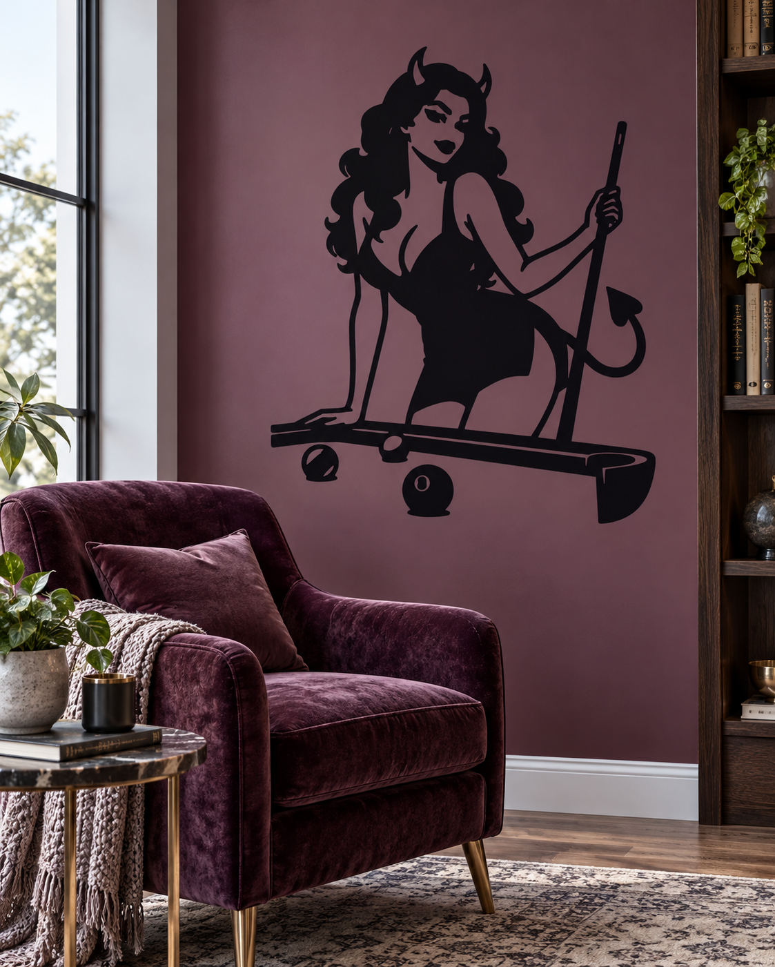 Black pool hall queen vinyl decal silhouette, woman holding cue stick over pool table.