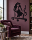 Black pool hall queen vinyl decal silhouette, woman holding cue stick over pool table.