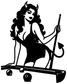 Black pool hall queen vinyl decal silhouette with curled horns, holding cue on pool table.
