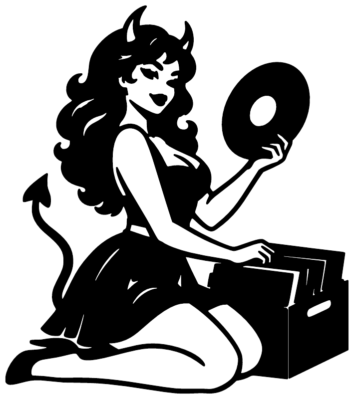 Vinyl record collector vinyl decal: black devilgirl silhouette holding a record