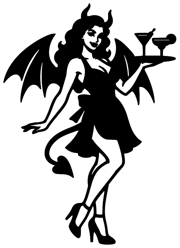 Black devil-wing cocktail host vinyl decal with martini glass full-body silhouette