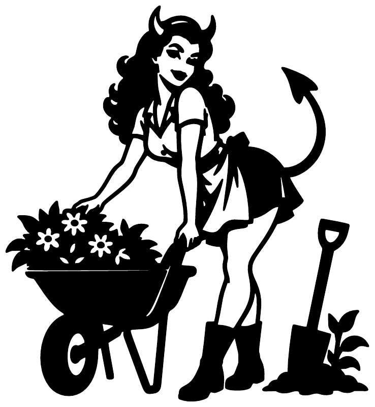 Devil girl vinyl decal silhouette with curly hair, flowers, pitchfork, watering can