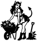 Devil girl vinyl decal silhouette with curly hair, flowers, pitchfork, watering can