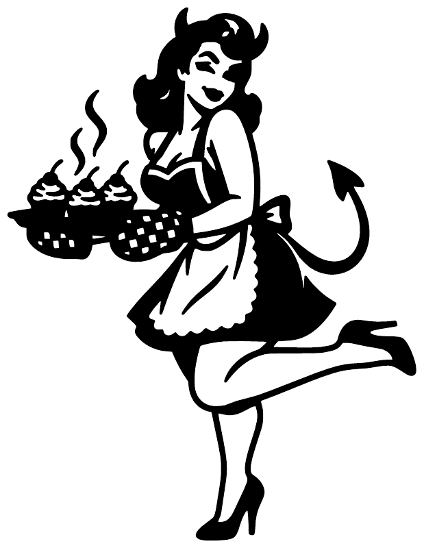 Black vinyl decal silhouette of rockabilly devil girl baking with flames and tail