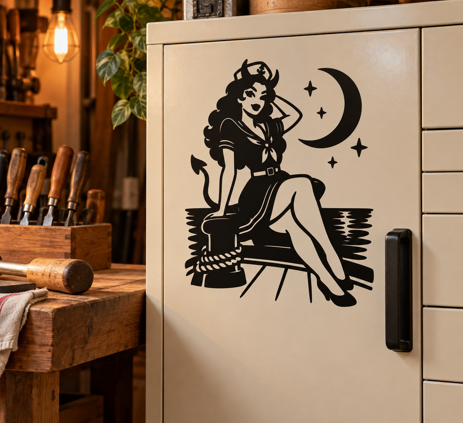 Black vinyl decal of devil woman sitting on a piano bench with moon and stars