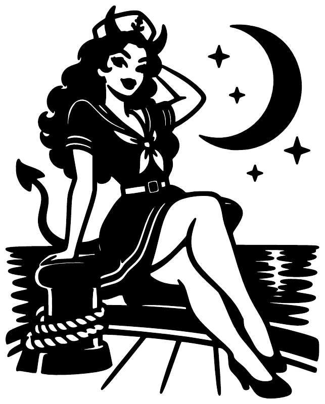 Black vinyl decal featuring an anime devil woman, moon, and star accents