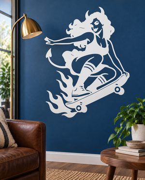 White vinyl skateboard girl decal with flames and skateboarding figure