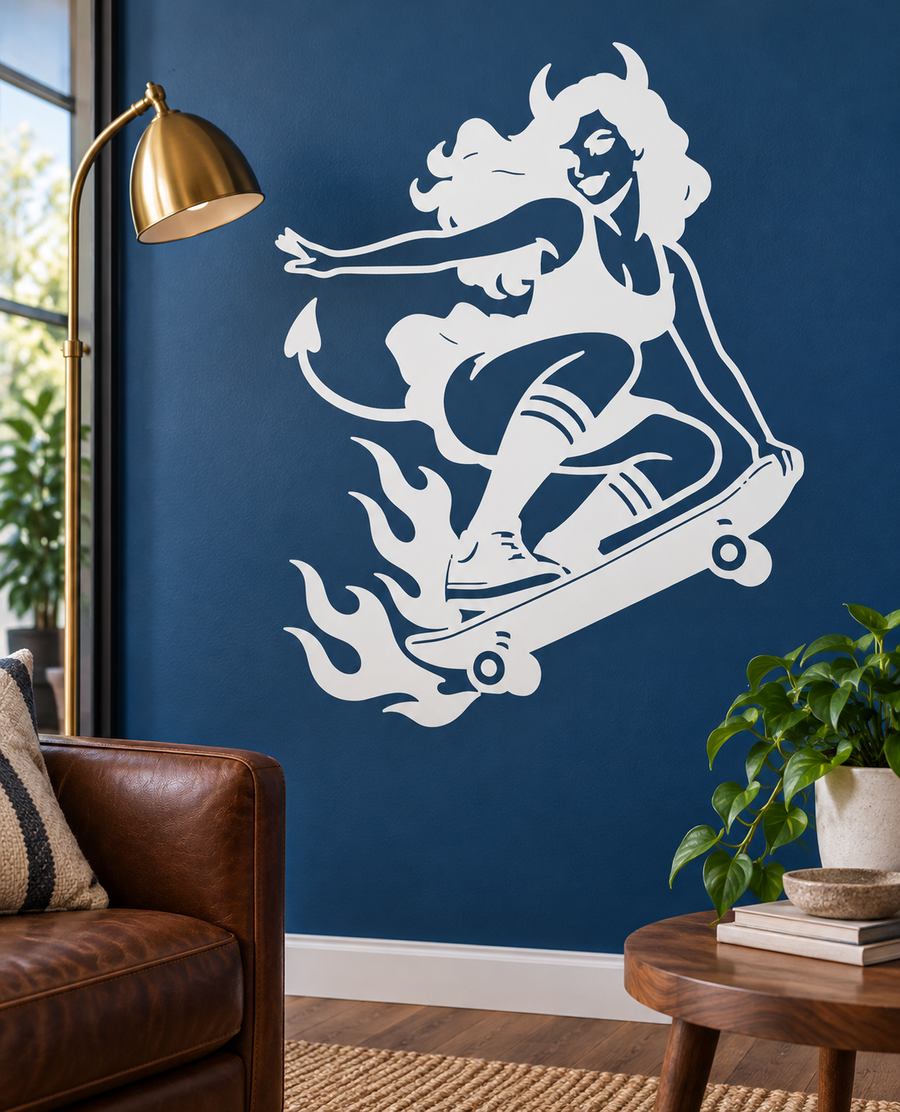 White vinyl skateboard girl decal with flames and skateboarding figure