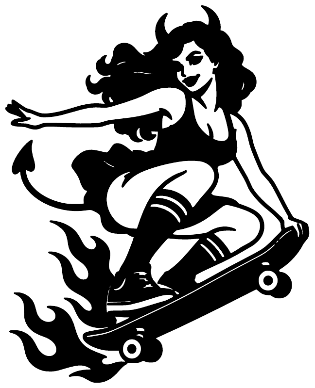 Black vinyl skateboard girl decal with flames and skateboarding figure