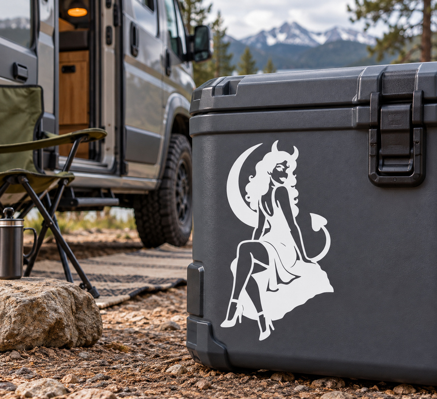 Black vinyl decal of devil girl silhouette with spade-shaped tail