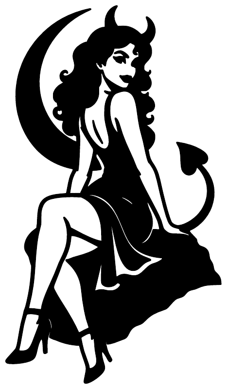 Black devil girl silhouette vinyl decal with crescent moon and spade-shaped tail