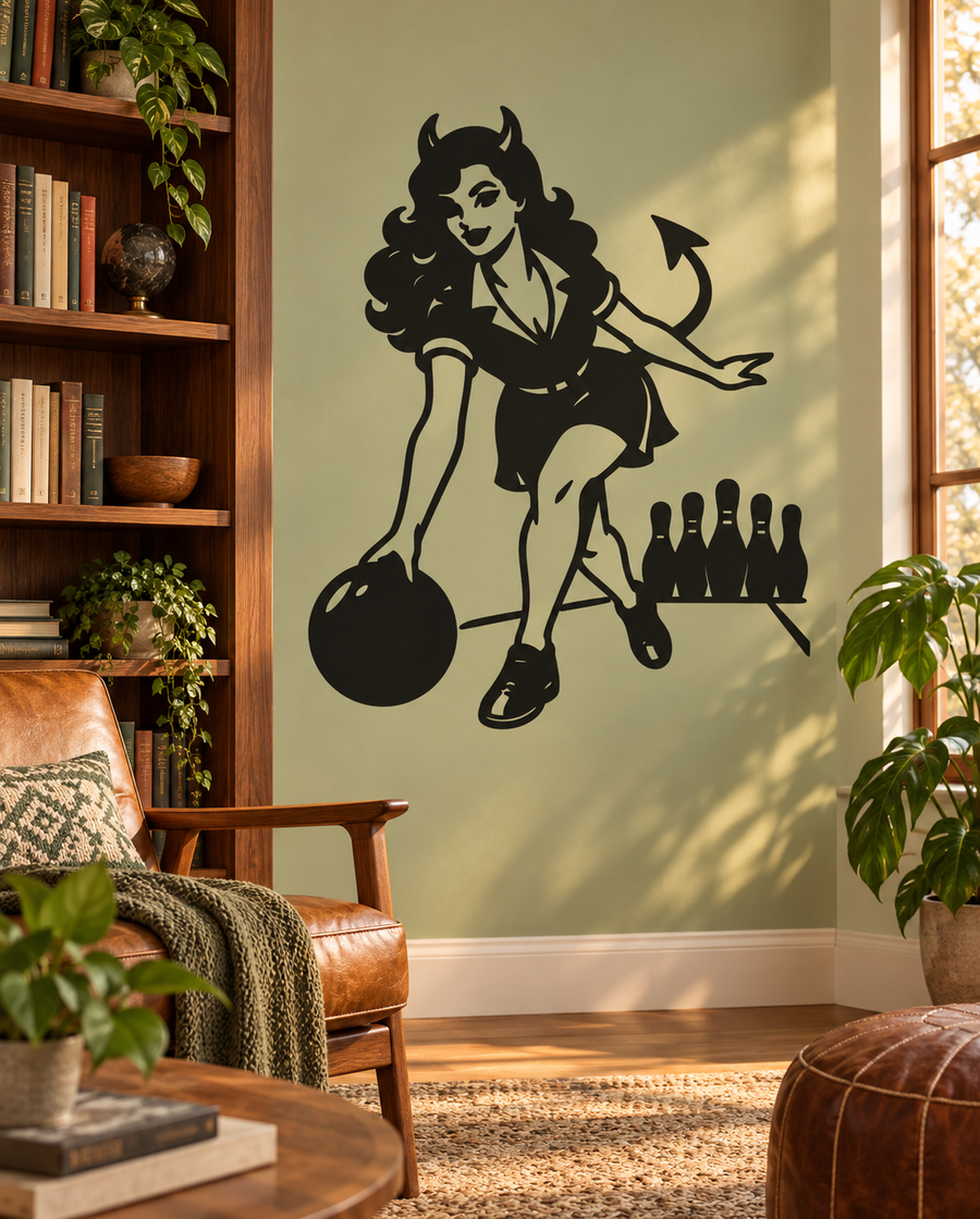 Retro bowling night vinyl decal of a devil girl holding a bowling ball and striking pins
