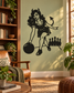Retro bowling night vinyl decal of a devil girl holding a bowling ball and striking pins