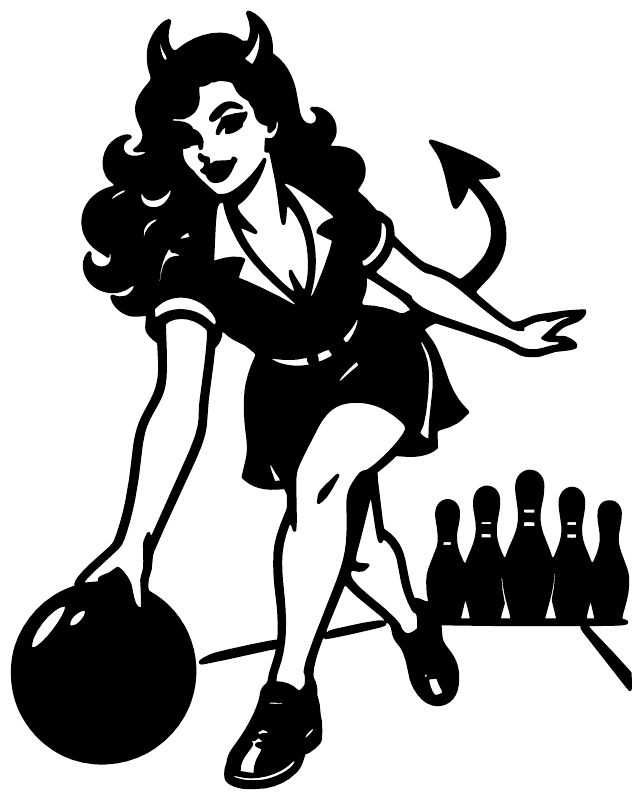 Retro bowling night vinyl decal of devil girl aiming toward bowling pins