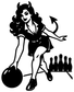 Retro bowling night vinyl decal of devil girl aiming toward bowling pins