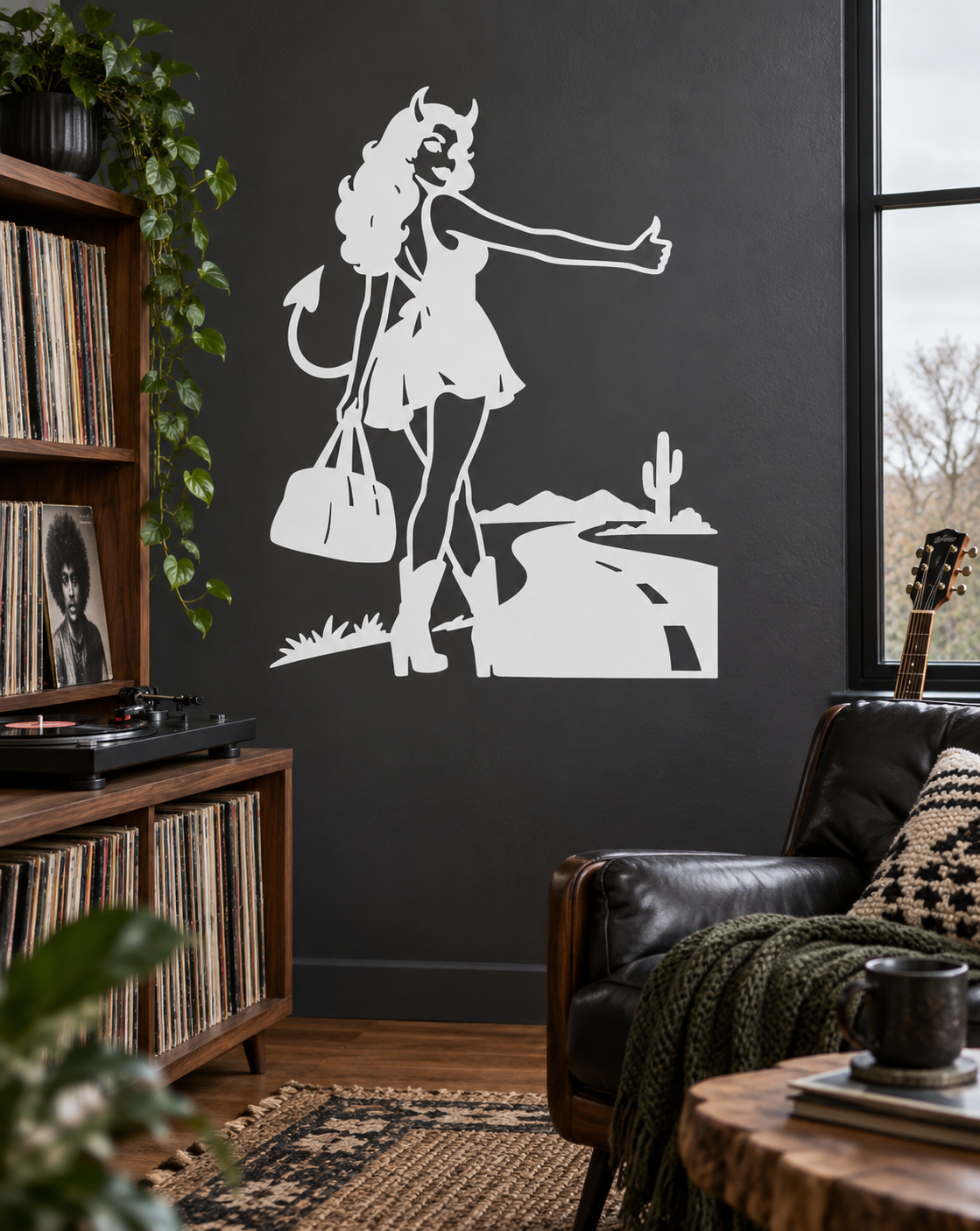 Roadside hitchhiker vinyl decal: devil-horned girl with outstretched arm, bag, cactus