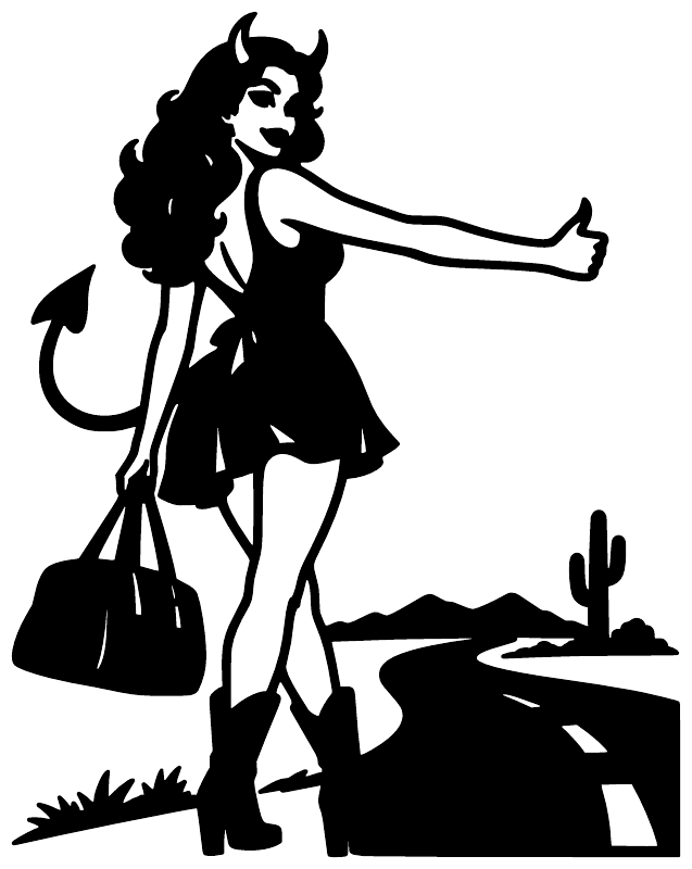 Hitchhiker vinyl decal: black silhouette devil girl with raised hand and bag