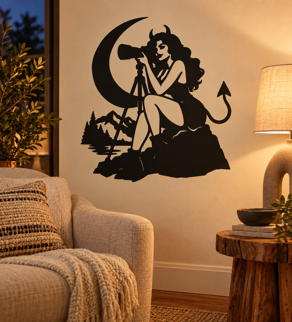 Midnight photographer vinyl decal: silhouetted devil girl with crescent moon, tripod, camera