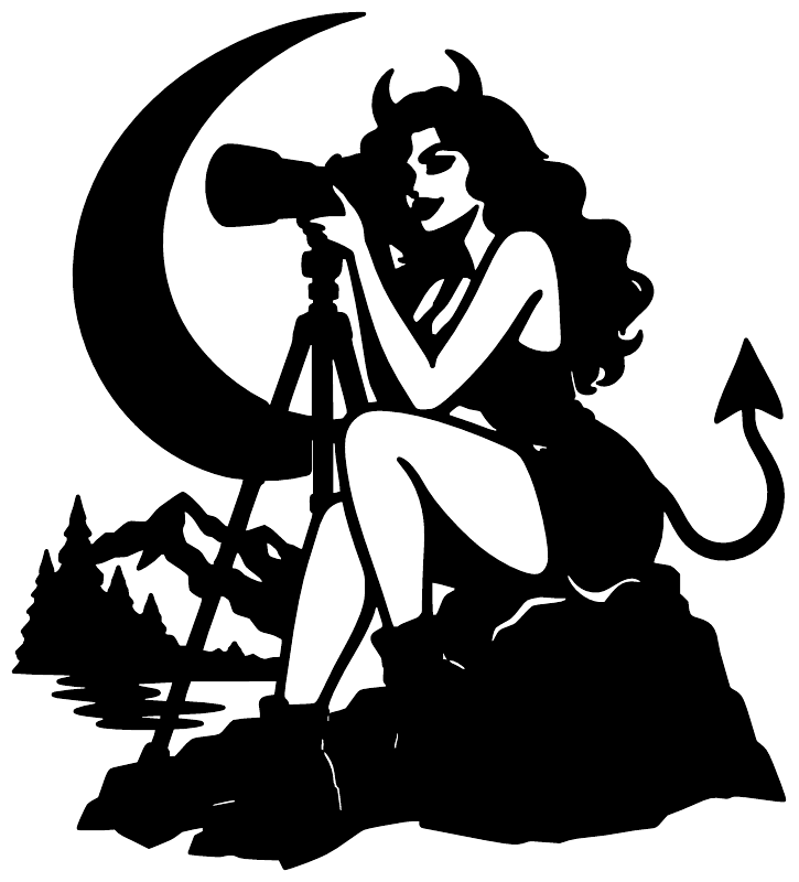 Midnight photographer vinyl decal close-up: devil girl silhouette with moon and tripod