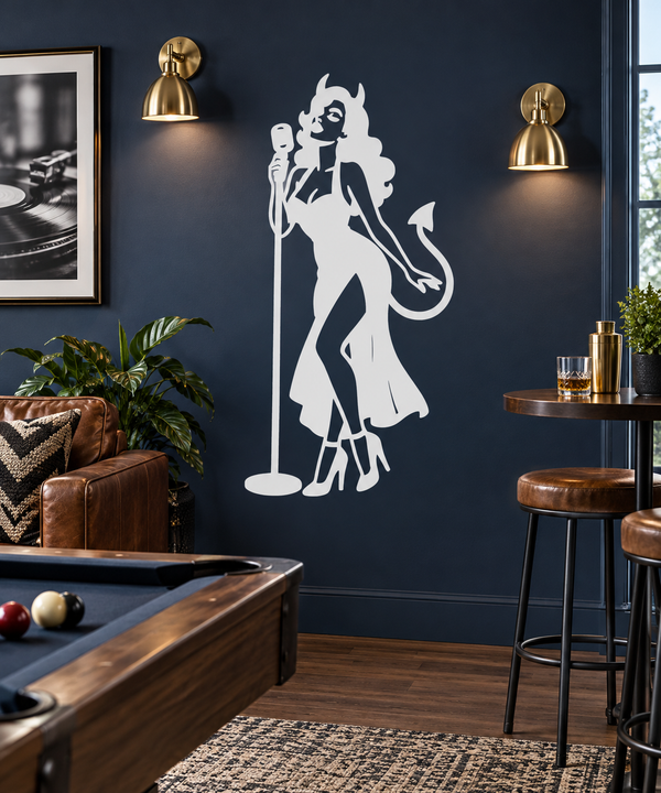 White vinyl decal of a devil-girl singer at a microphone stand, full figure
