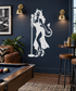 White vinyl decal of a devil-girl singer at a microphone stand, full figure