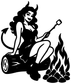 Black devil-woman vinyl decal on a motorcycle with flames and tool held up
