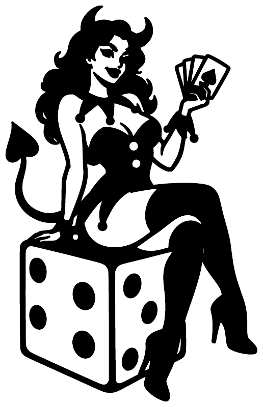 Black vinyl decal graphic of a jester devil holding cards and standing on dice
