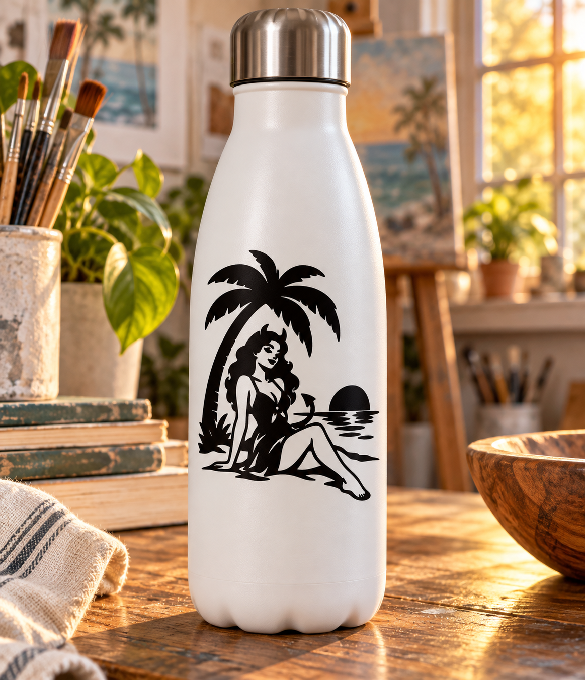 Palm tree vacation vinyl decal with reclining bikini woman, palm leaves, and sun
