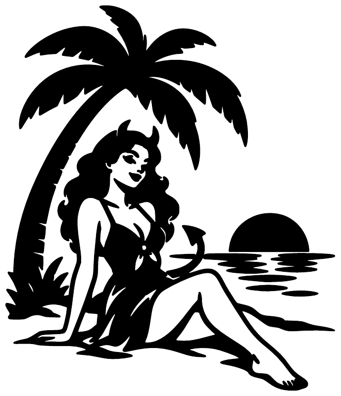 Vinyl decal close-up: reclining bikini woman with palm tree silhouette and sun