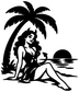 Vinyl decal close-up: reclining bikini woman with palm tree silhouette and sun