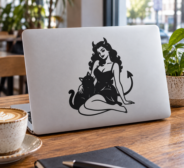 Cat companion vinyl decal: black devil woman sitting with cat silhouette on laptop