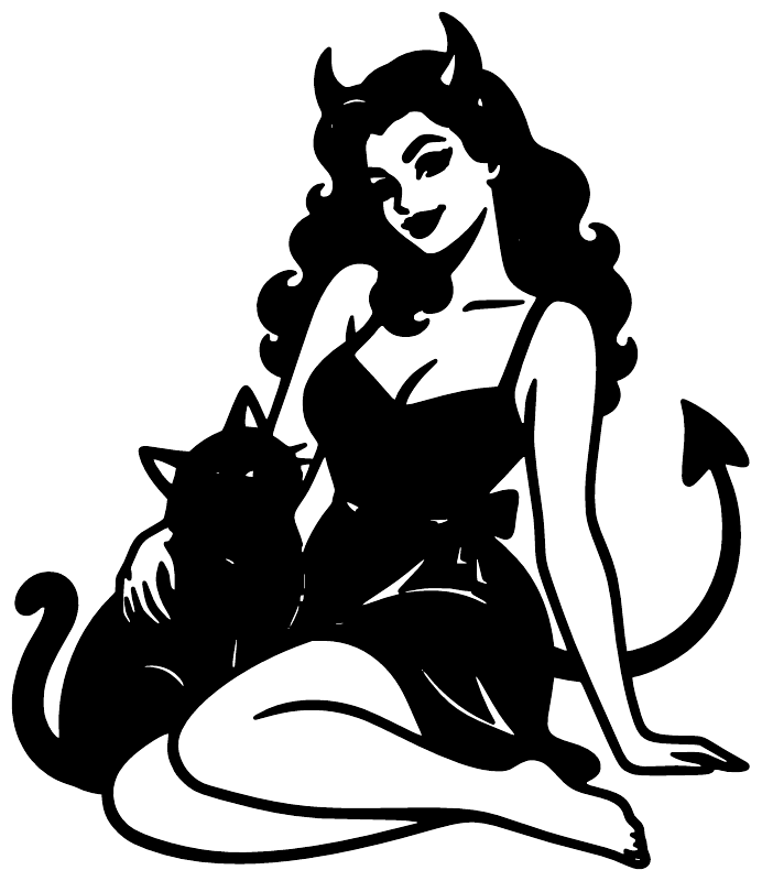 Cat companion vinyl decal close-up: black devil girl kneeling with cat at side